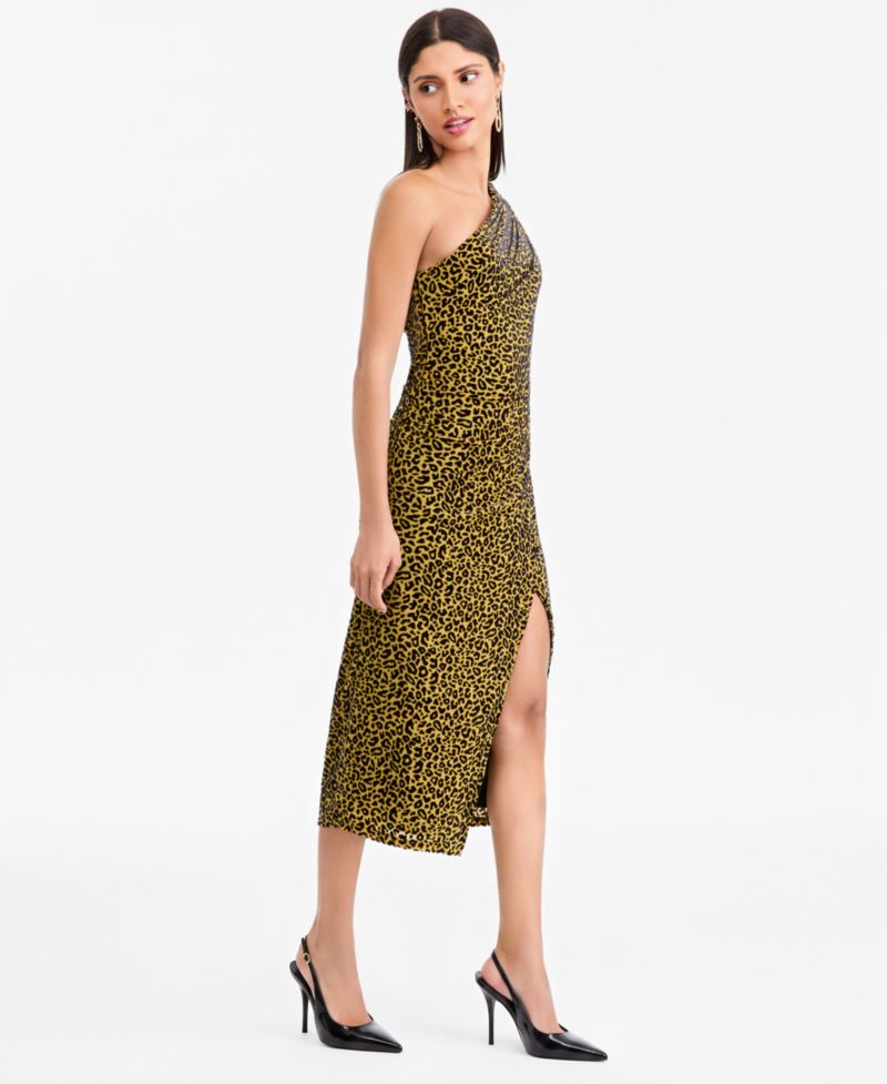 Women's Leopard Embossed One-Shoulder Side-Slit Dress