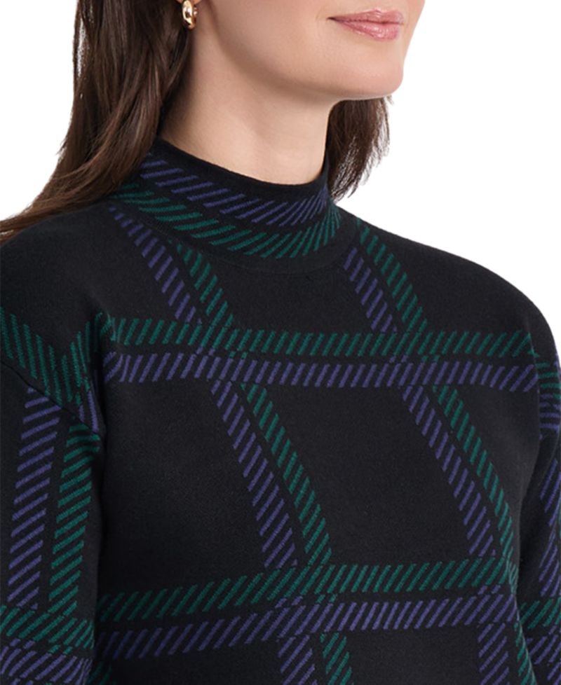 Petite Mock Neck Plaid Long-Sleeve Sweater