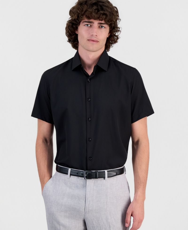 Men's Slim-Fit Four-Way Stretch Solid Short-Sleeve Dress Shirt