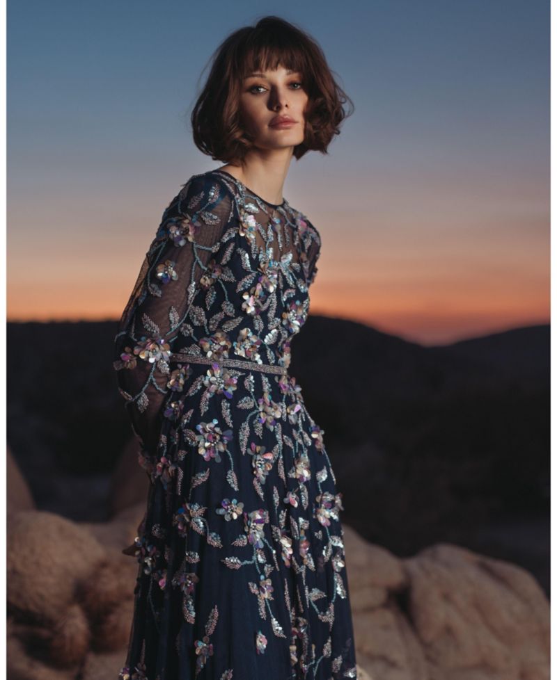 Petite Long Sleeve Mesh Gown with Beaded Floral Applique