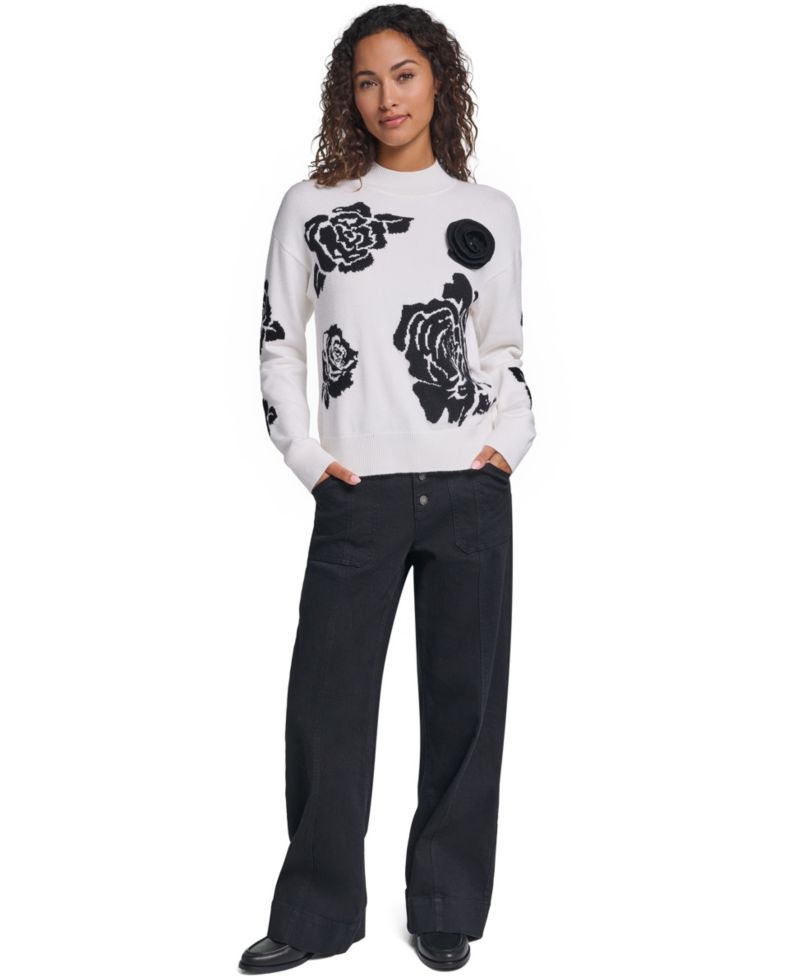 Women's Mock-Neck Long-Sleeve Floral Sweater