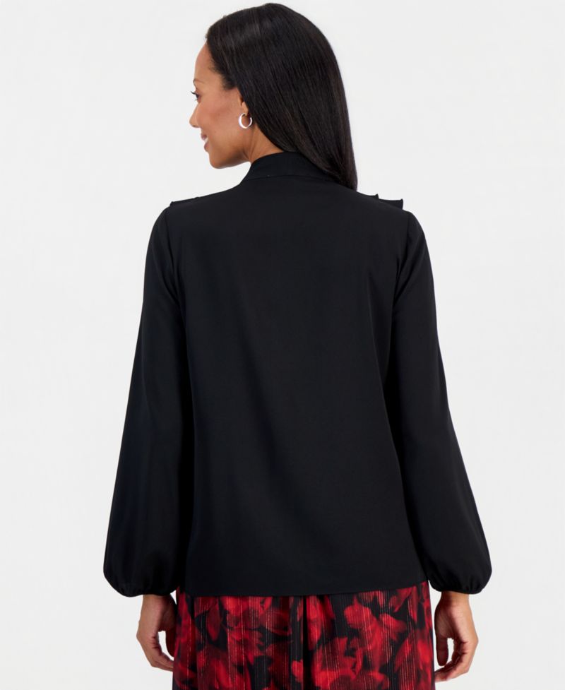 Women's Ruffle-Neck Tie-Front Long-Sleeve Blouse