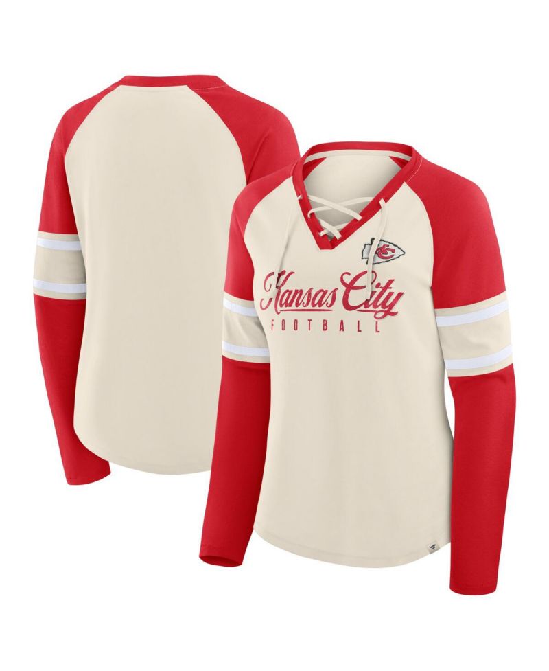 Women's Cream/Red Kansas City Chiefs Hometown Gridiron Hero Raglan Lace-Up V-Neck Long Sleeve T-Shirt