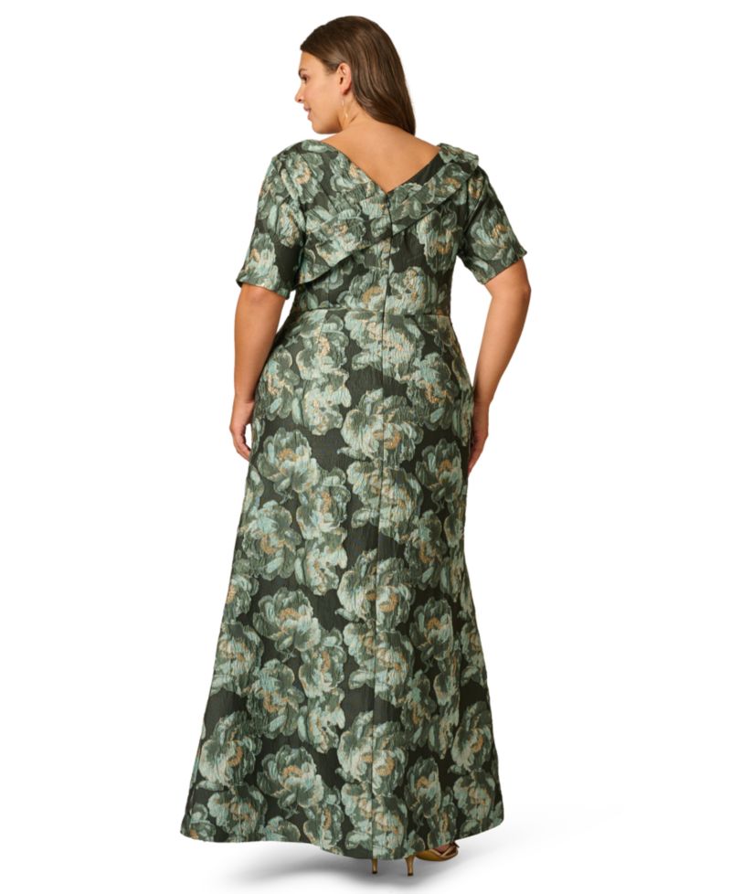 Plus Size Floral Asymmetrical Neckline Short Sleeve Gown