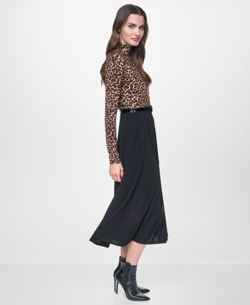 Women's Long-Sleeve Fit-and-Flare Mock-Neck Dress