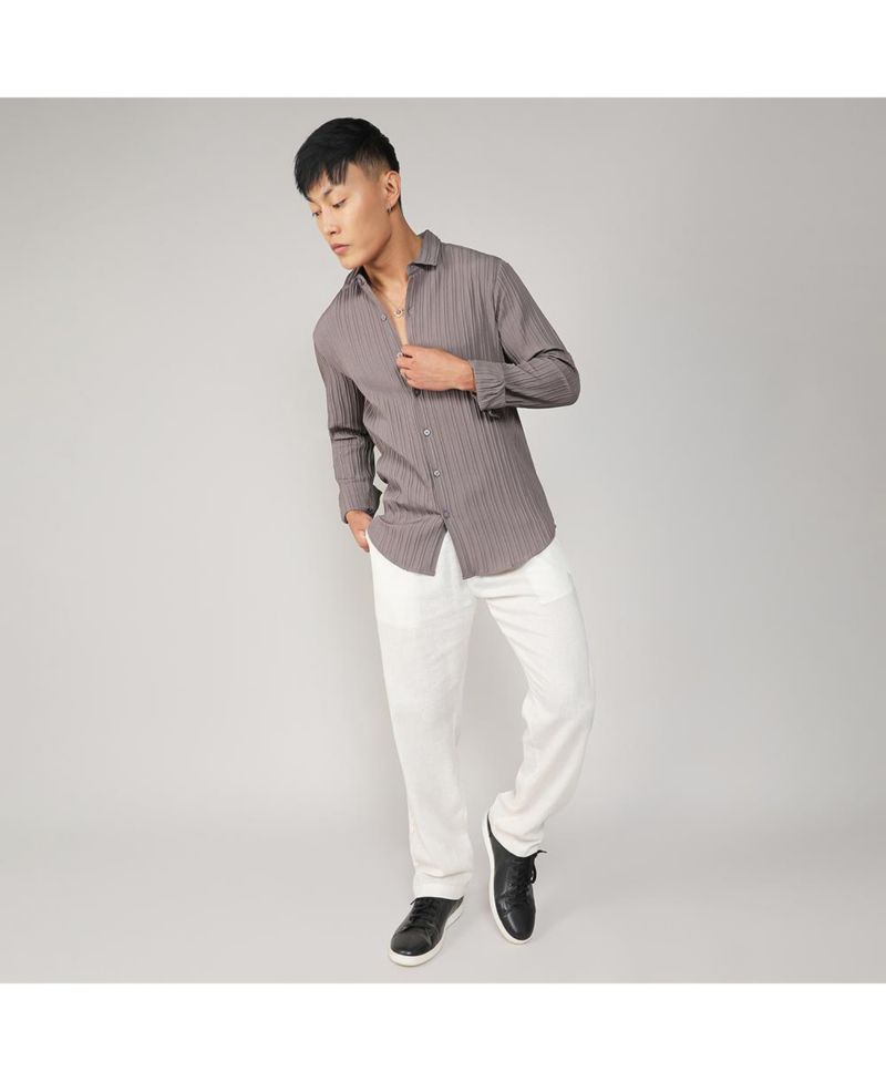 Men's Ash Grey Self-Design Striped Shirt