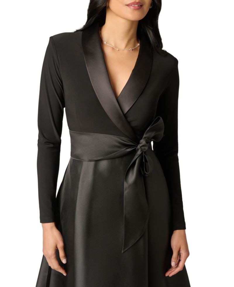 Women's Tuxedo Combo Fit and Flare Long-Sleeve Shawl Collar Satin Gown