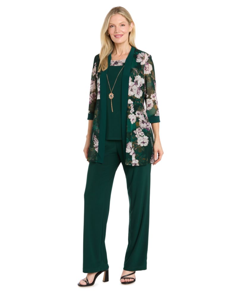 Women's Floral-Print Mesh Wide-Leg Jacket, Cami and Pants Set