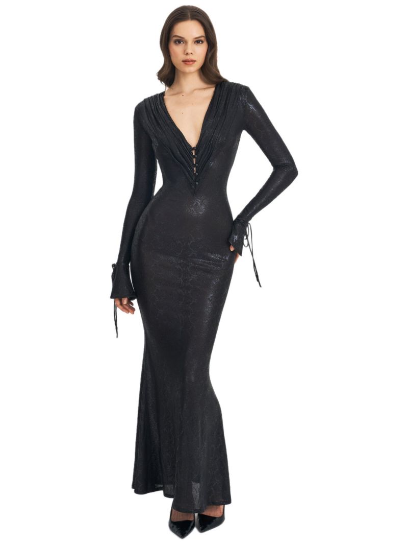 Women's Ilysia Black V-Neck Plunge Snakeskin Mermaid Hem Maxi Dress