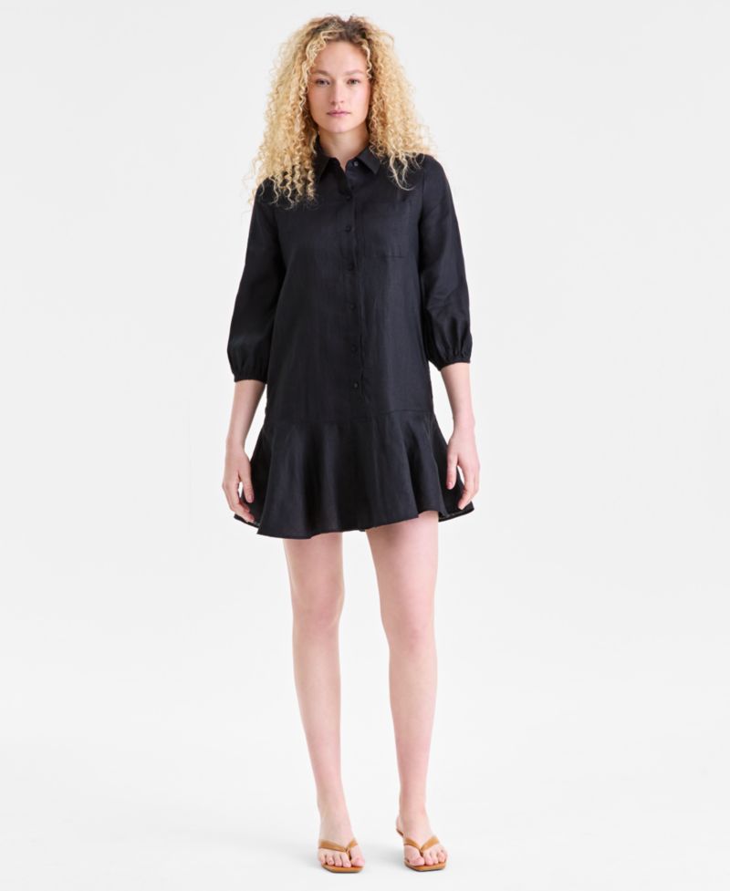 Plus Size 100% Linen Collared Flounce Dress