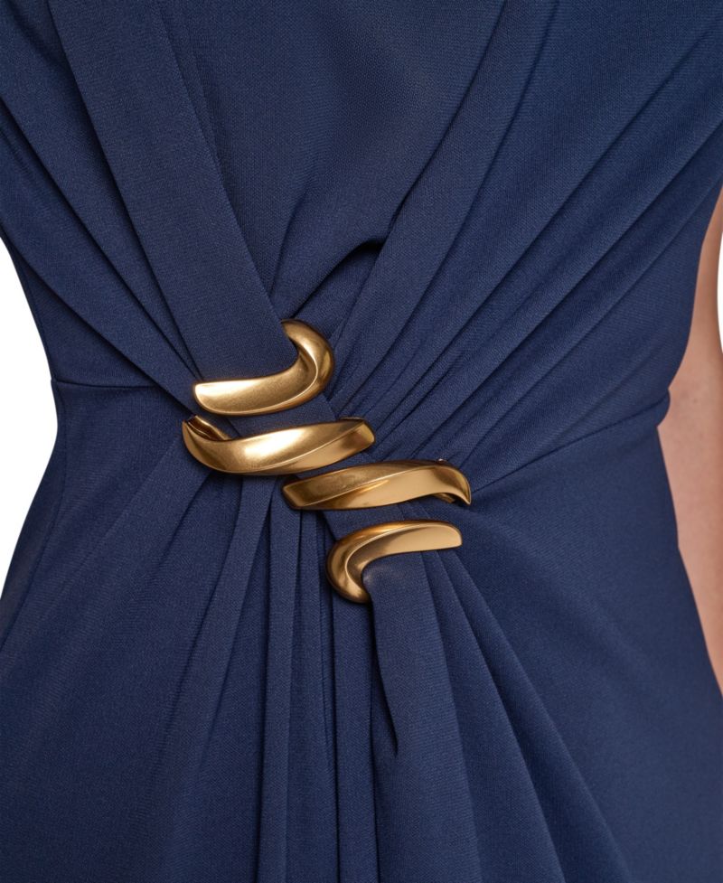 Women's Sleeveless Mock Neck Gathered Waist Midi Dress