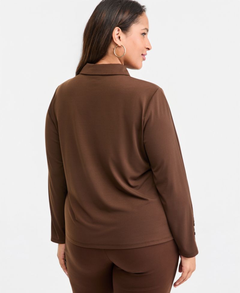 Plus Size Long-Sleeve Collared Keyhole Hardware Blouse