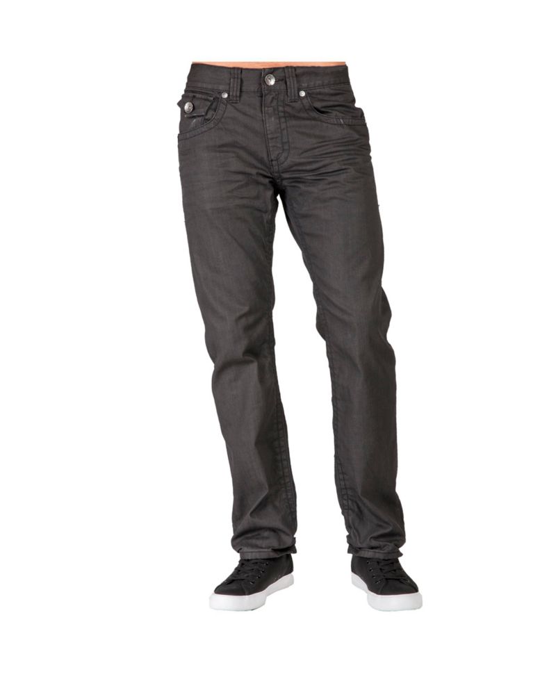 Men's Relaxed Straight Leg Premium Denim Jeans Black Coated Throwback Style Zipper Trim Pockets