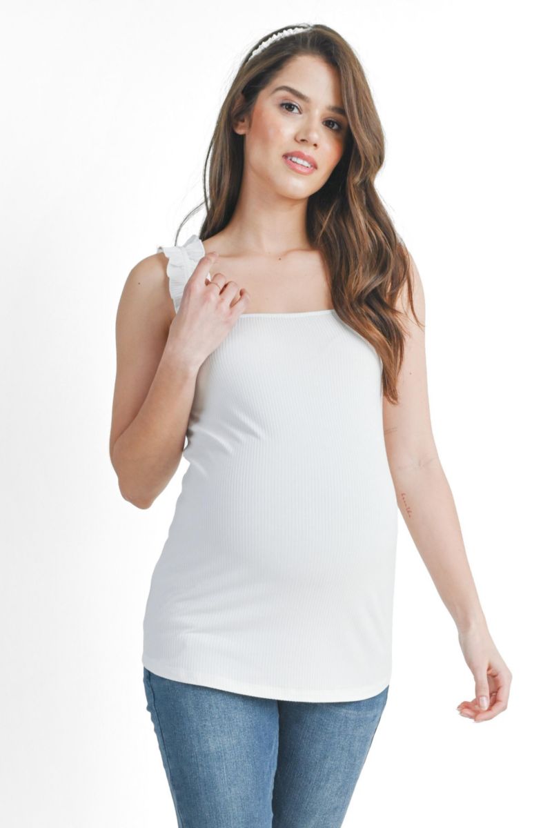 Maternity Square Neck Ribbed Tank Top with Ruffled Straps
