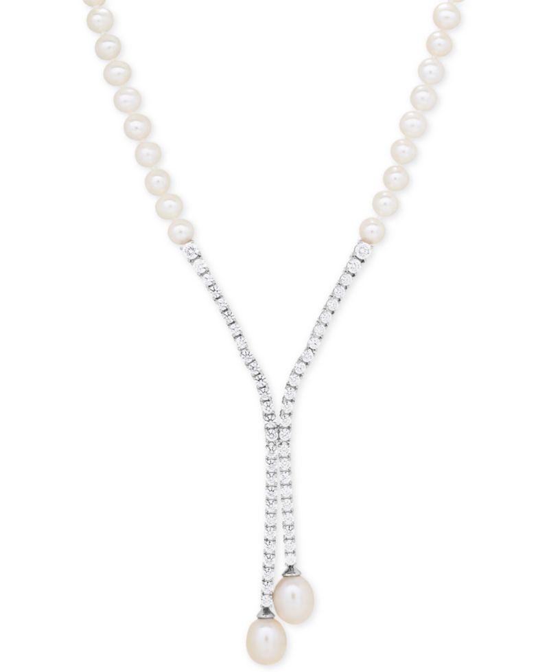 Cultured Freshwater Pearl (5mm & 10 x 8mm) & Cubic Zirconia Lariat Necklace in Sterling Silver