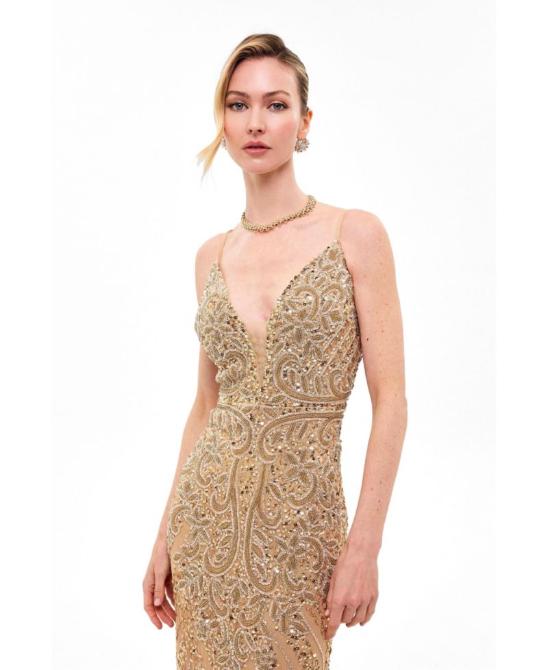 Women's Embellished Sequin Maxi Dress With Trail