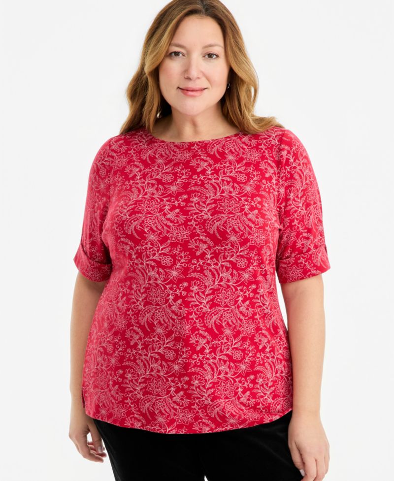 Plus Size Printed Boat-Neck Elbow Sleeve Top