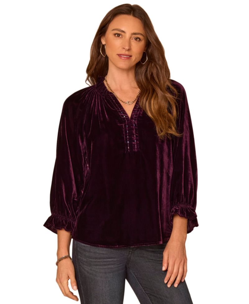 Women's Petite 3/4-Sleeve Velvet Split-Neck Blouse
