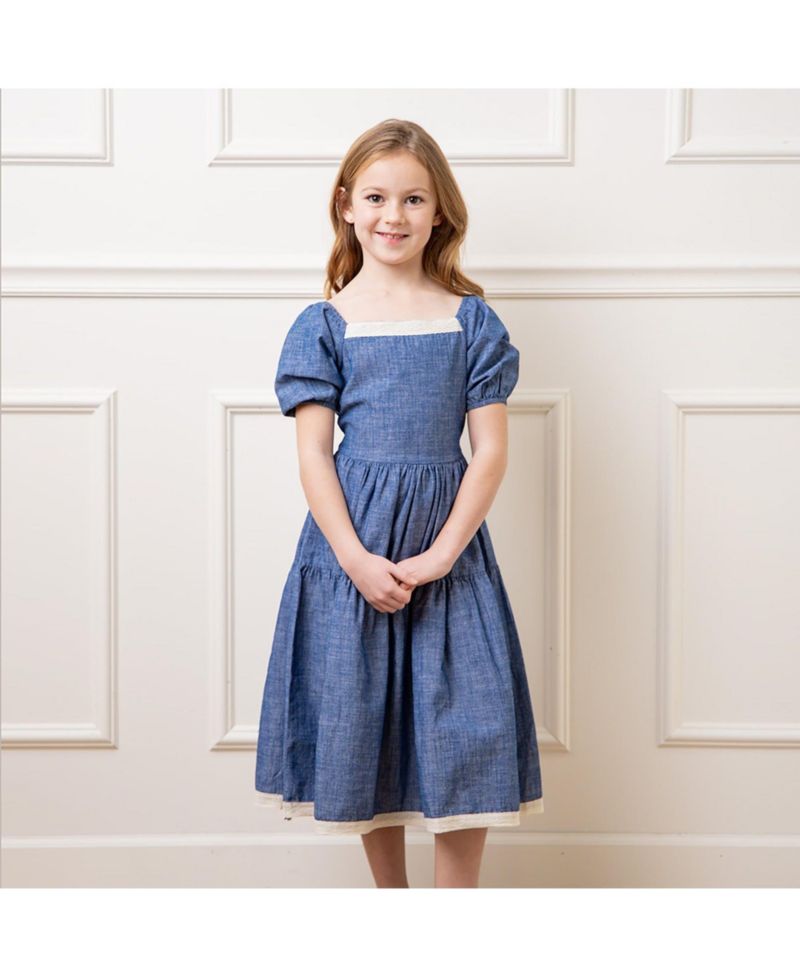Toddler Girls Hope and Henry Short Bubble Sleeve Crochet Trim Chambray Dress