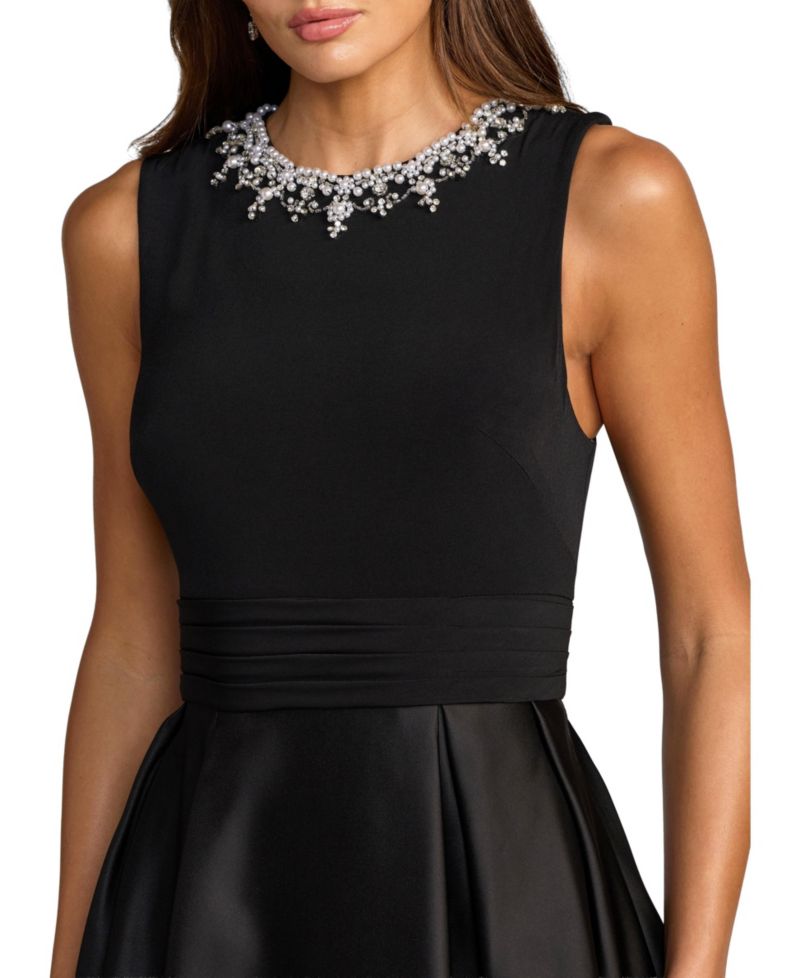 Petite Pearl-Embellished High-Neck Sleeveless A-Line Evening Gown