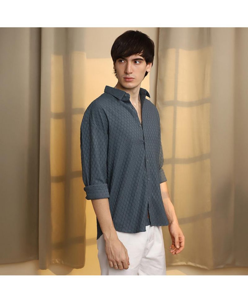 Men's Charcoal Grey Honeycomb-Textured Oversized Shirt