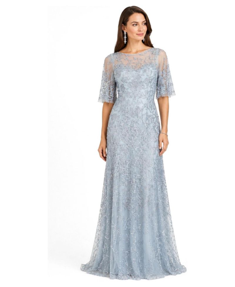 Women's Cape-Sleeve A-Line Pearl-and-Rhinestone Gown