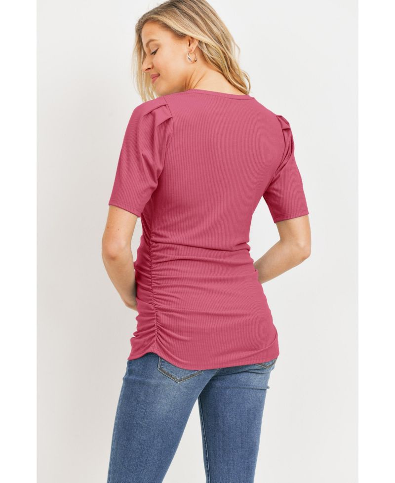 Maternity Ribbed Ruched Short Sleeve Puff Top