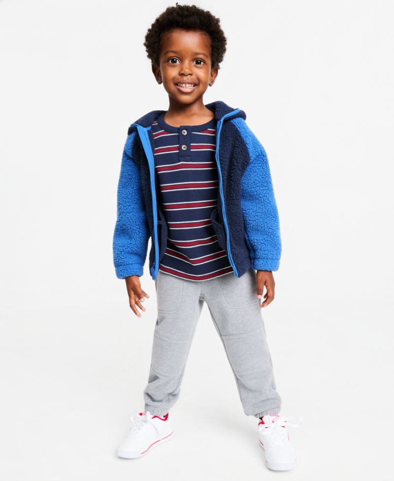 Toddler Boys' 12M-5T Faux-Sherpa Dino Jacket, Striped Henley Thermal Shirt & Fleece Jogger Pants