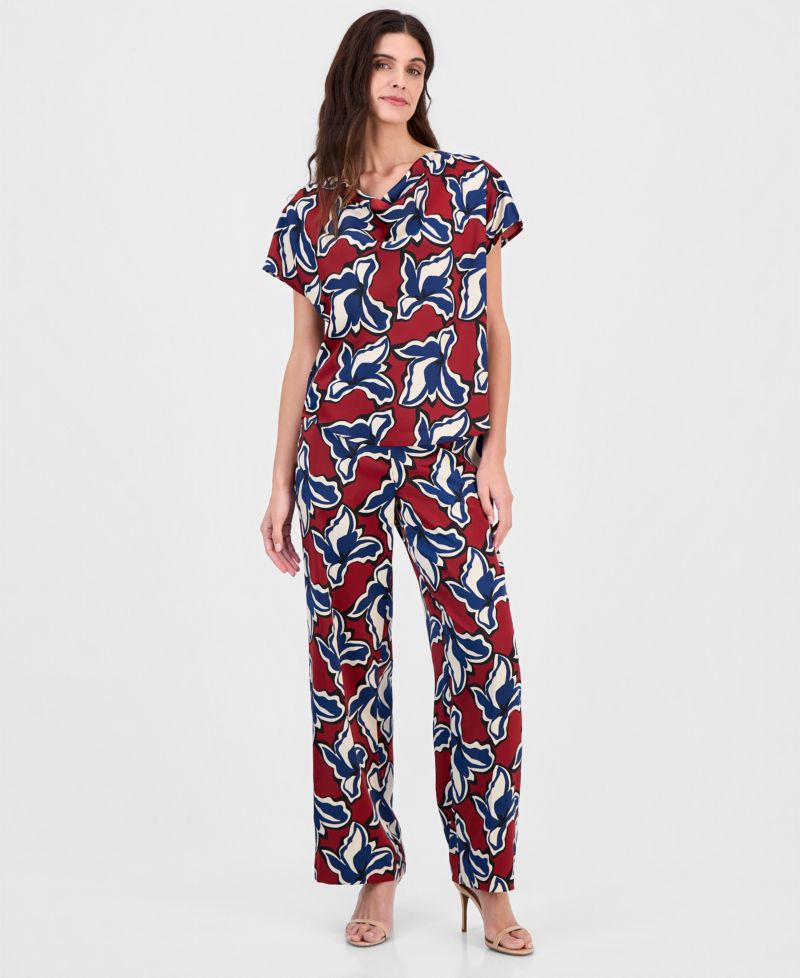 Women's Printed Cowl-Neck Short-Sleeve Top & Printed Pull-On Wide-Leg Pants