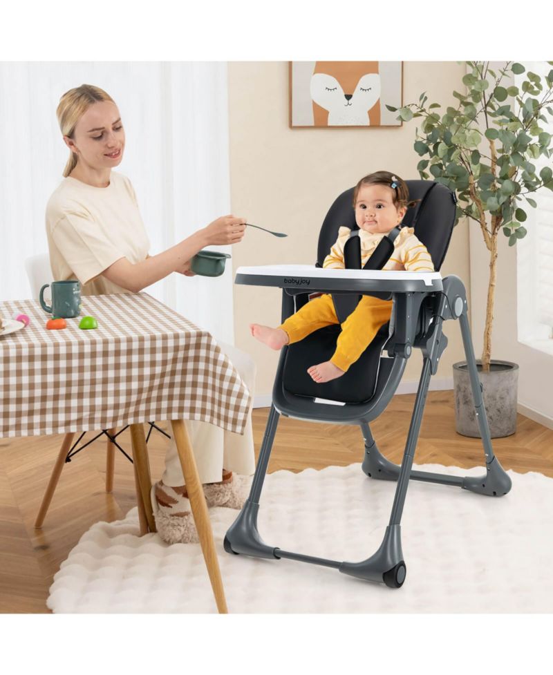 Baby High Chair w/ 7 Height and 3 Footrest Adjustable Cup holder 2 Wheels