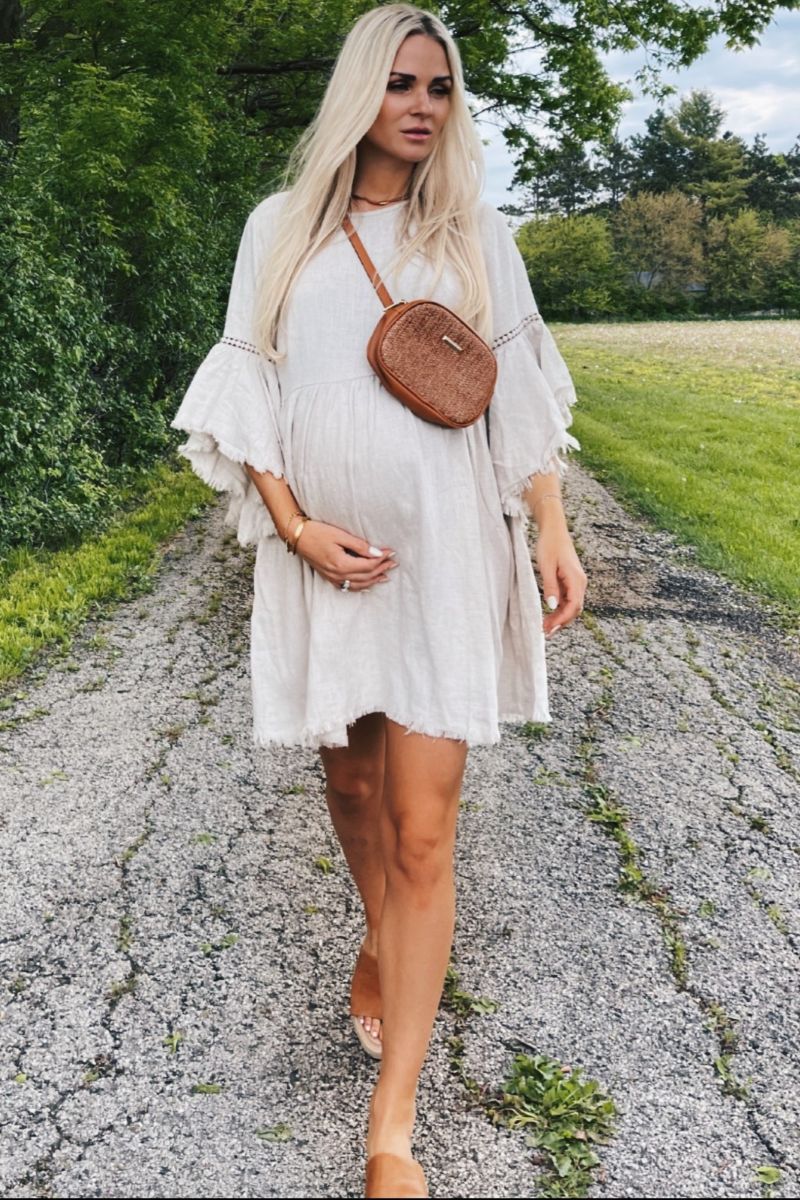 Women's Beige Raw Edge Bell Sleeve Babydoll Dress