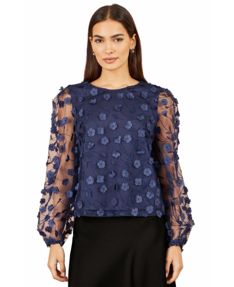 Women's Sheer Sleeve Applique Flower Top