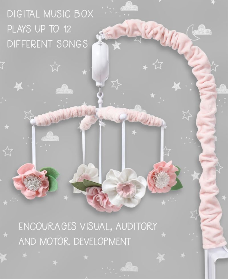 Pink Floral Musical Crib Mobile for Baby Girls Plays 12 Lullabies