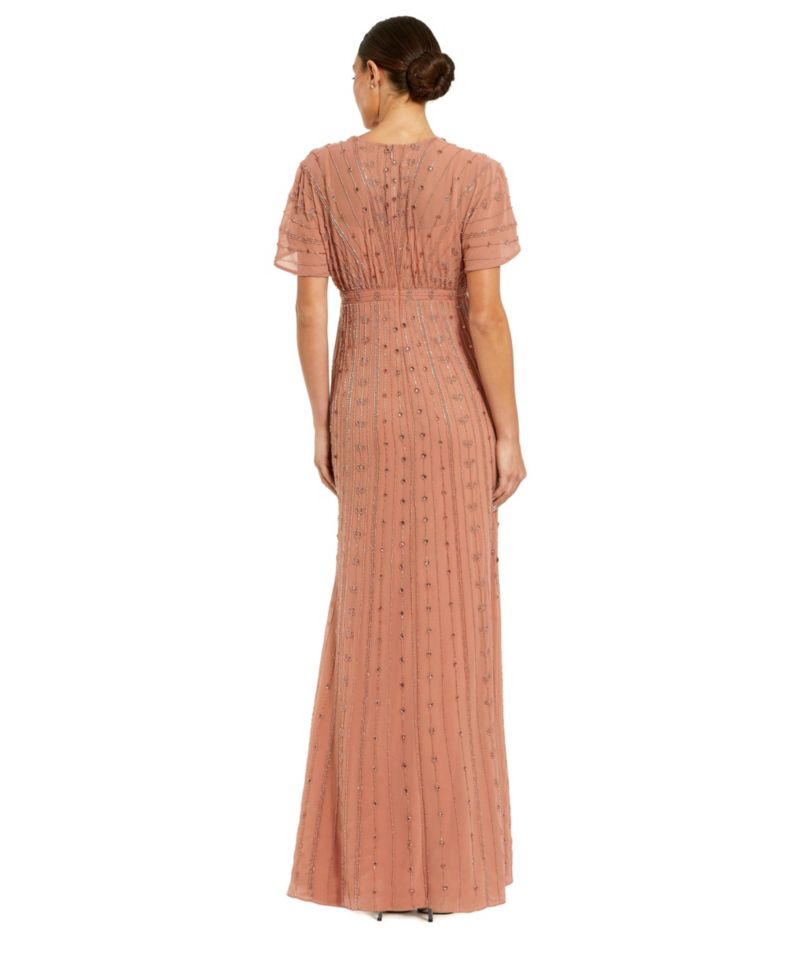 Women's Beaded Short Sleeve V-Neck Empire Waist Gown