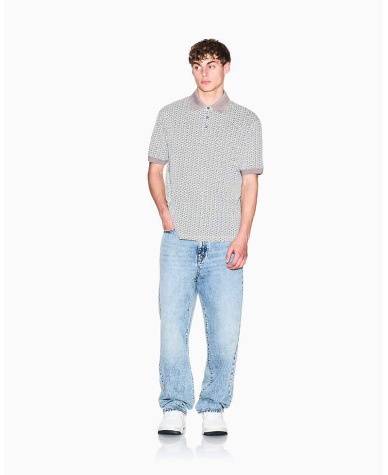 Men's Short Sleeve Pique Allover Logo Print Polo Shirt