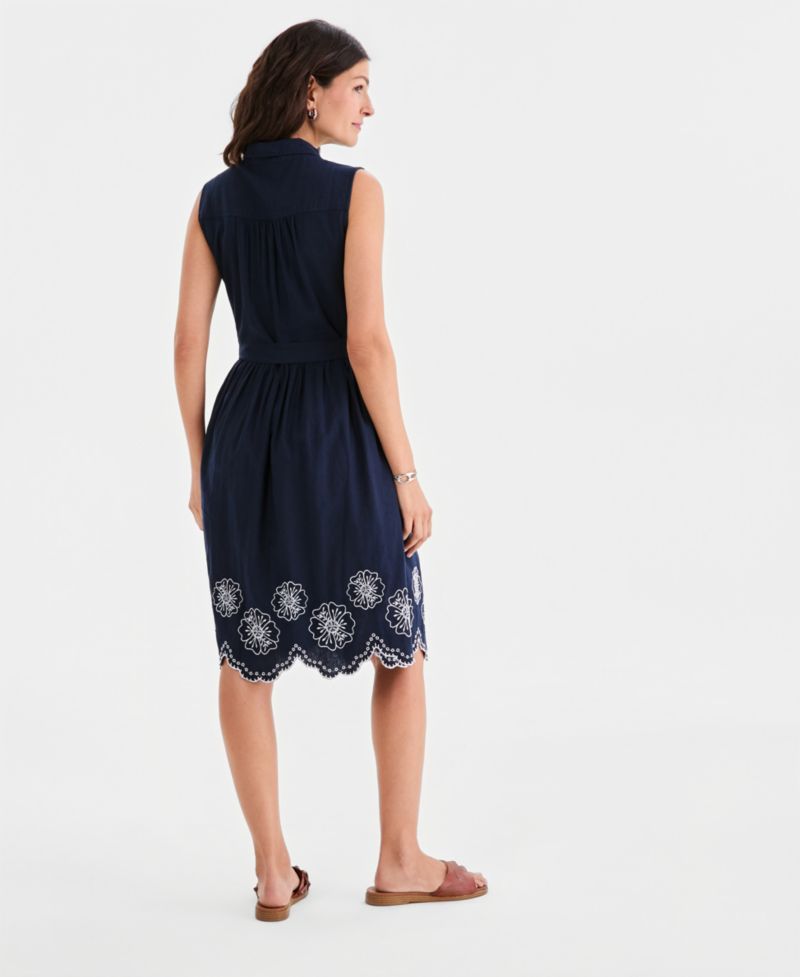 Women's Sleeveless Embroidered-Hem Shirtdress