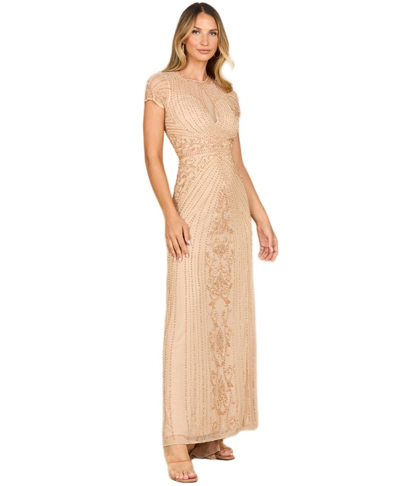 Women's Beaded Cap Sleeve Illusion Plunge Gown