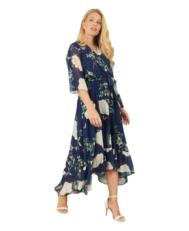 Women's Bird And Floral Print Midi Wrap Dress