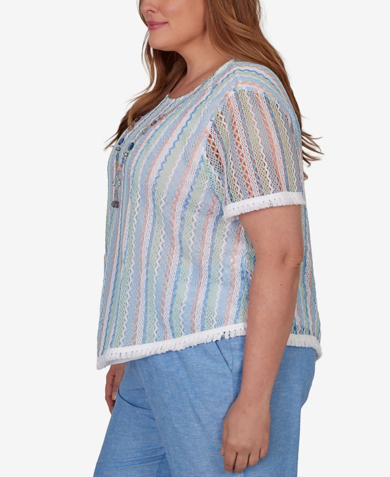 Plus Size Caribbean Blues Textured Stripe T-Shirt with Necklace