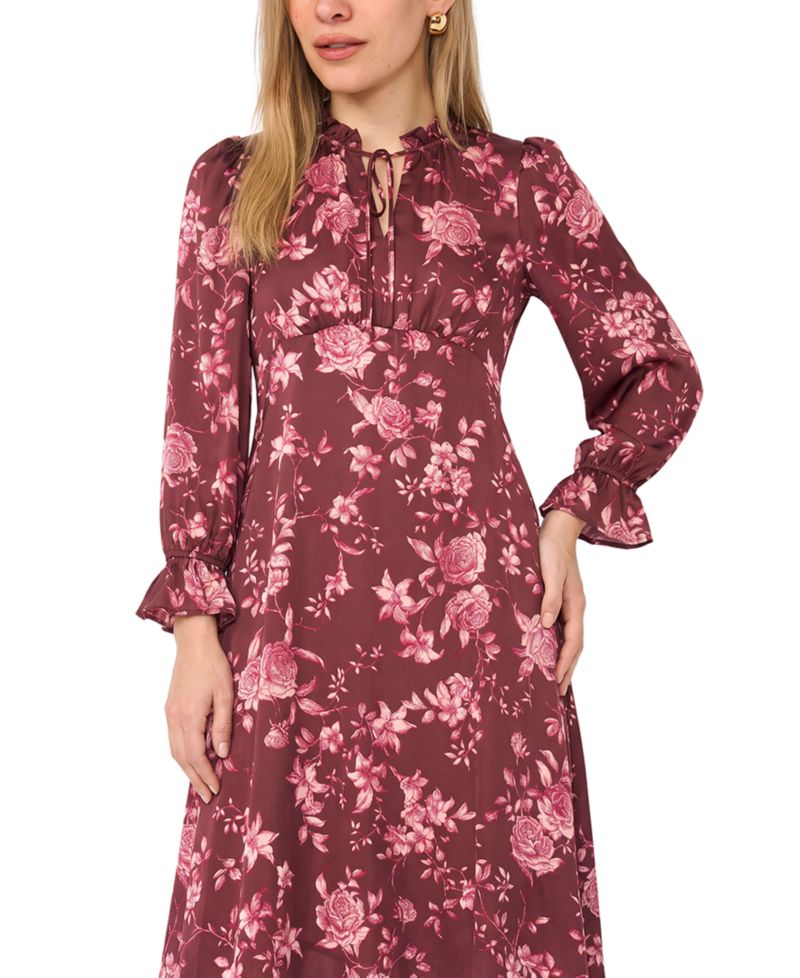 Petite Tie Neck Satin Midi Floral A-Line Dress