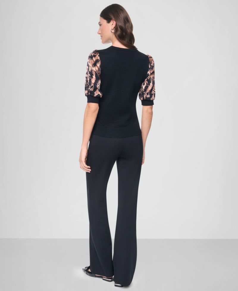 Women's Printed Twist-Sleeve Mix Media Sweater