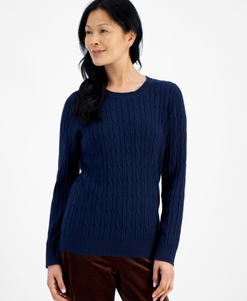 Petite Cotton Cable-Knit Crewneck Sweater