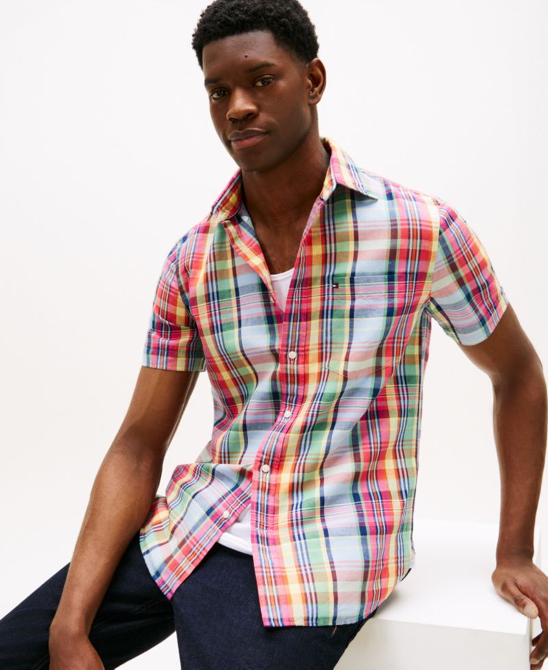 Men's Linen Madras Plaid Short-Sleeve Shirt