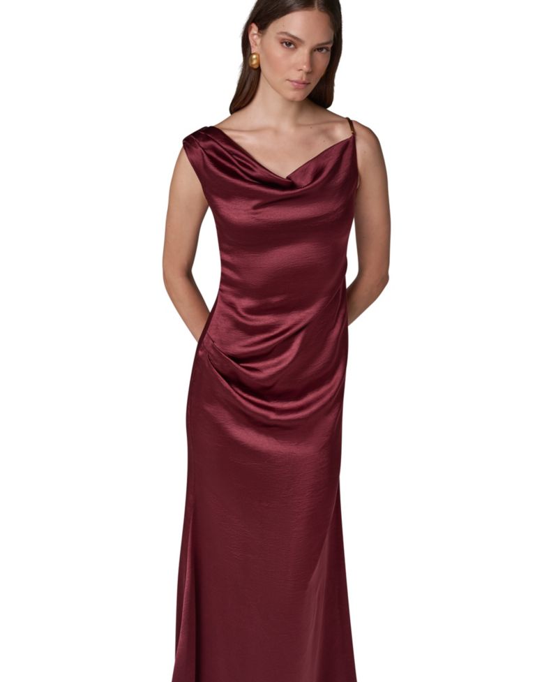 Women's Sleeveless Asymmetric Cowl-Neck Satin Maxi Dress