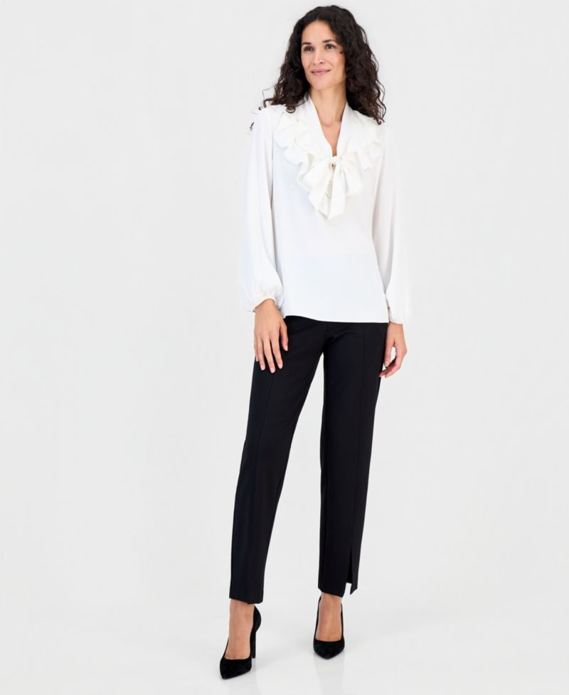 Women's Ruffle-Neck Tie-Front Long-Sleeve Blouse