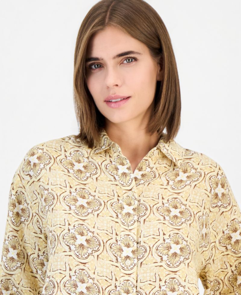 Women's Button-Front 3/4-Sleeve with Roll Tab 100% Linen Tunic