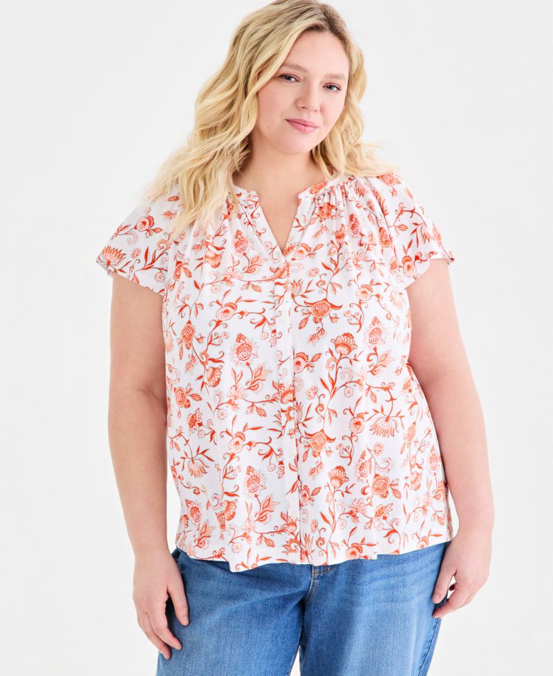 Plus Size Printed Button-Front Flutter-Sleeve Top