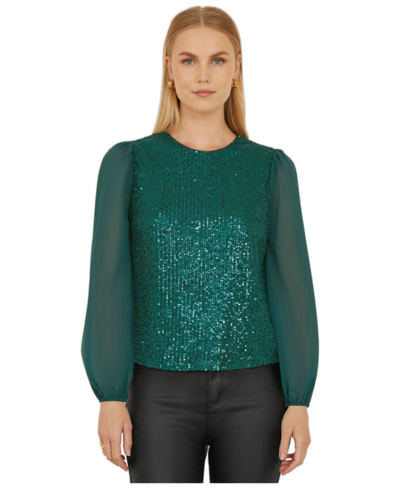 Women's Sheer Sleeve Sequin Top