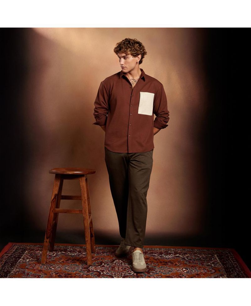 Men's Chocolate Brown Block-Patch Oversized Shirt