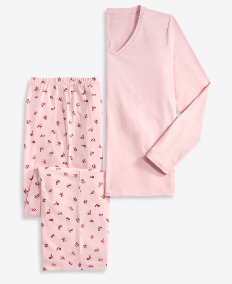 Women's Cotton-Blend Long Sleeve V-Neck Pajama Pant Set